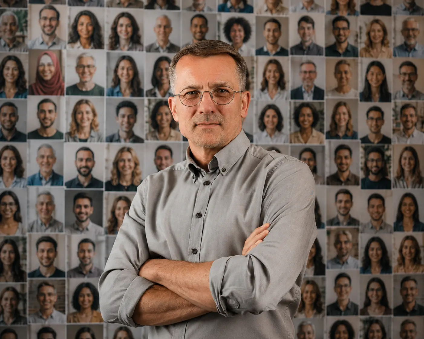 Andreas Vasilev vor einer symbolischen Collage verschiedener Menschen